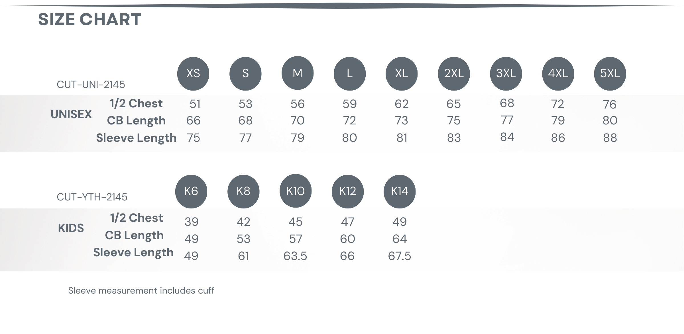 Crew Neck Sweatshirt — Cut and Sew Size Chart