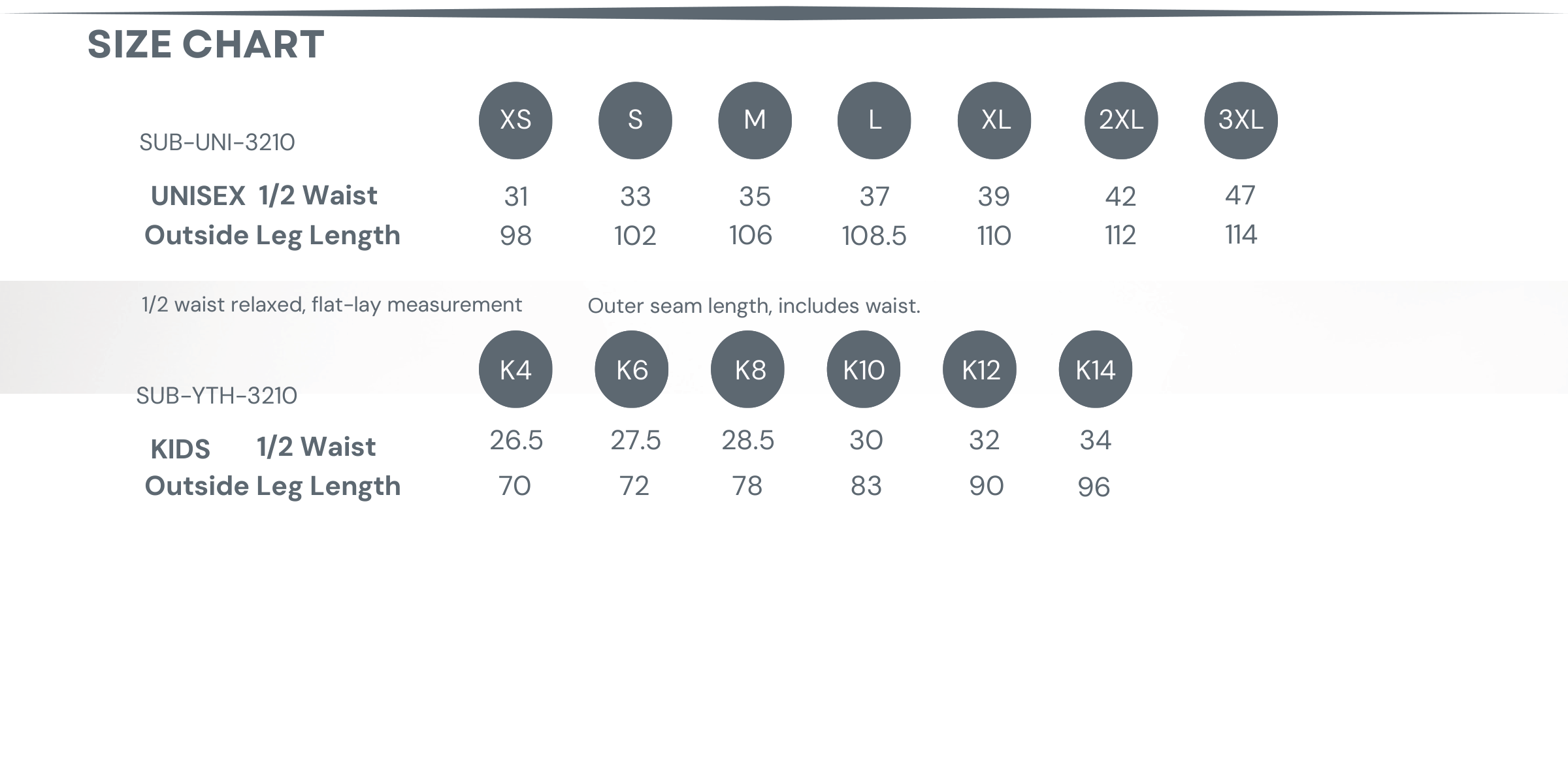Sublimated Track Pants Size Chart